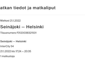 Junaliput Seinäjoki-Helsinki ja Hki-Sjoki, Matkat, risteilyt ja lentoliput, Matkat ja liput, Seinäjoki, Tori.fi
