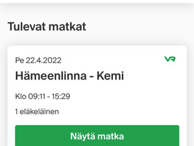 Junalippu Hml-Kemi, Matkat, risteilyt ja lentoliput, Matkat ja liput, Hämeenlinna, Tori.fi Junalippu Hml-Kemi, Matkat, risteilyt ja lentoliput, Matkat ja liput, Hämeenlinna, Tori.fi