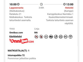 Onnibus - lippu LPR-HEL, Matkat, risteilyt ja lentoliput, Matkat ja liput, Lappeenranta, Tori.fi