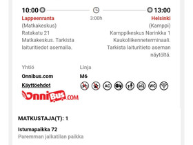 Onnibus - lippu LPR-HEL, Matkat, risteilyt ja lentoliput, Matkat ja liput, Lappeenranta, Tori.fi Onnibus - lippu LPR-HEL, Matkat, risteilyt ja lentoliput, Matkat ja liput, Lappeenranta, Tori.fi