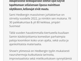 Sami Hedberg juhlakiertue, Pori, Keikat, konsertit ja tapahtumat, Matkat ja liput, Kankaanpää, Tori.fi