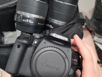 Canon 550D järjestelmäkamera ja kaksi objektiivia