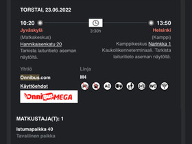 Onnibus JKL-HKI 23.6.2022, Matkat, risteilyt ja lentoliput, Matkat ja liput, Jyväskylä, Tori.fi Onnibus JKL-HKI 23.6.2022, Matkat, risteilyt ja lentoliput, Matkat ja liput, Jyväskylä, Tori.fi