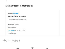 Junalippu Rovaniemi-Oulu 28.7, Matkat, risteilyt ja lentoliput, Matkat ja liput, Rovaniemi, Tori.fi Junalippu Rovaniemi-Oulu 28.7, Matkat, risteilyt ja lentoliput, Matkat ja liput, Rovaniemi, Tori.fi