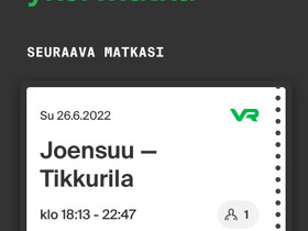Junalippu Jns-Tikkurila 26.6., Matkat, risteilyt ja lentoliput, Matkat ja liput, Joensuu, Tori.fi Junalippu Jns-Tikkurila 26.6., Matkat, risteilyt ja lentoliput, Matkat ja liput, Joensuu, Tori.fi