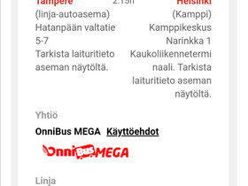 Onnibussiliput TRE-HKI su 26.6 klo 10.30-12.45, Matkat, risteilyt ja lentoliput, Matkat ja liput, Tampere, Tori.fi
