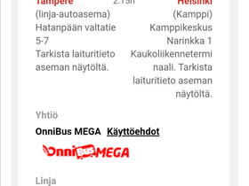 Onnibussiliput TRE-HKI su 26.6 klo 10.30-12.45, Matkat, risteilyt ja lentoliput, Matkat ja liput, Tampere, Tori.fi Onnibussiliput TRE-HKI su 26.6 klo 10.30-12.45, Matkat, risteilyt ja lentoliput, Matkat ja liput, Tampere, Tori.fi