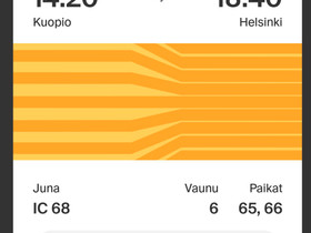 Junalippu Kuopio-Helsinki to 11.8 klo. 14.20-18.40, Matkat, risteilyt ja lentoliput, Matkat ja liput, Helsinki, Tori.fi