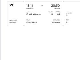 Junaliput 6.10 Joensuu-Tampere, Matkat, risteilyt ja lentoliput, Matkat ja liput, Tampere, Tori.fi Junaliput 6.10 Joensuu-Tampere, Matkat, risteilyt ja lentoliput, Matkat ja liput, Tampere, Tori.fi