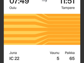 Junaliput (opiskelija) OUL-TRE & TRE-OUL 5.-6.12, Matkat, risteilyt ja lentoliput, Matkat ja liput, Oulu, Tori.fi Junaliput (opiskelija) OUL-TRE & TRE-OUL 5.-6.12, Matkat, risteilyt ja lentoliput, Matkat ja liput, Oulu, Tori.fi