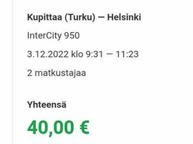 Kaksi junalippua Turku-Helsinki, Matkat, risteilyt ja lentoliput, Matkat ja liput, Turku, Tori.fi