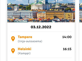 Onnibussiliput 2kpl TRE-HKI la 3.12, Matkat, risteilyt ja lentoliput, Matkat ja liput, Tampere, Tori.fi