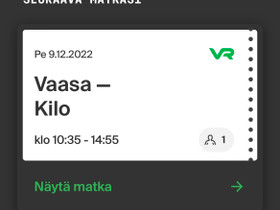 Opiskelijalippu Vaasa-Pasila/Kilo, Matkat, risteilyt ja lentoliput, Matkat ja liput, Espoo, Tori.fi Opiskelijalippu Vaasa-Pasila/Kilo, Matkat, risteilyt ja lentoliput, Matkat ja liput, Espoo, Tori.fi