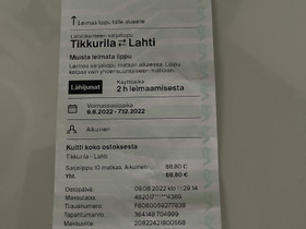 Tikkurila - Lahti lähijunalippu x2, Matkat, risteilyt ja lentoliput, Matkat ja liput, Vantaa, Tori.fi Tikkurila - Lahti lähijunalippu x2, Matkat, risteilyt ja lentoliput, Matkat ja liput, Vantaa, Tori.fi
