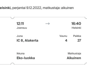 Junalippu, junaliput Joensuu-Helsinki 9.12, Matkat, risteilyt ja lentoliput, Matkat ja liput, Joensuu, Tori.fi