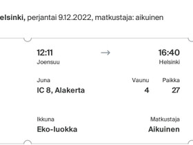Junalippu, junaliput Joensuu-Helsinki 9.12, Matkat, risteilyt ja lentoliput, Matkat ja liput, Joensuu, Tori.fi Junalippu, junaliput Joensuu-Helsinki 9.12, Matkat, risteilyt ja lentoliput, Matkat ja liput, Joensuu, Tori.fi