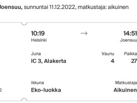 Junalippu, Junaliput Helsinki-Joensuu 11.12, Matkat, risteilyt ja lentoliput, Matkat ja liput, Joensuu, Tori.fi