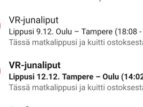 TRE-OULU junalippu 12.12., Matkat, risteilyt ja lentoliput, Matkat ja liput, Tampere, Tori.fi