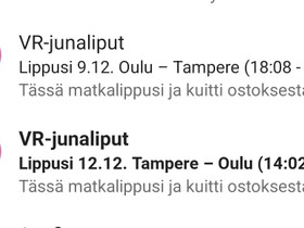 TRE-OULU junalippu 12.12., Matkat, risteilyt ja lentoliput, Matkat ja liput, Tampere, Tori.fi TRE-OULU junalippu 12.12., Matkat, risteilyt ja lentoliput, Matkat ja liput, Tampere, Tori.fi