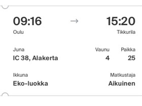 Oulu- Tikkurila, Matkat, risteilyt ja lentoliput, Matkat ja liput, Oulu, Tori.fi