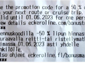 Eckerö 50% alennuskoodeja 2 kpl yht. 5 eur, Matkat, risteilyt ja lentoliput, Matkat ja liput, Kirkkonummi, Tori.fi