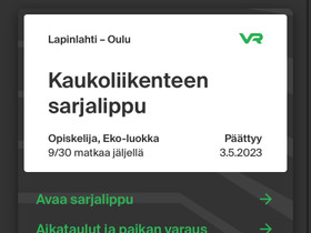 VR sarjalippu Oulu-Kajaani/Iisalmi/Lapinlahti, Matkat, risteilyt ja lentoliput, Matkat ja liput, Oulu, Tori.fi