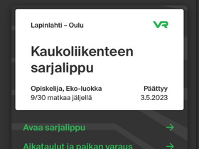 VR sarjalippu Oulu-Kajaani/Iisalmi/Lapinlahti, Matkat, risteilyt ja lentoliput, Matkat ja liput, Oulu, Tori.fi VR sarjalippu Oulu-Kajaani/Iisalmi/Lapinlahti, Matkat, risteilyt ja lentoliput, Matkat ja liput, Oulu, Tori.fi