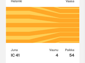 Junalippu Helsinki-vaasa pe 17.2, Matkat, risteilyt ja lentoliput, Matkat ja liput, Vaasa, Tori.fi Junalippu Helsinki-vaasa pe 17.2, Matkat, risteilyt ja lentoliput, Matkat ja liput, Vaasa, Tori.fi