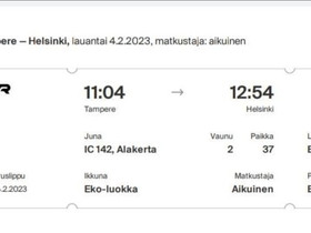 Junalippu Tampere-Helsinki 4.2.2023 klo 11.04, Matkat, risteilyt ja lentoliput, Matkat ja liput, Tampere, Tori.fi Junalippu Tampere-Helsinki 4.2.2023 klo 11.04, Matkat, risteilyt ja lentoliput, Matkat ja liput, Tampere, Tori.fi