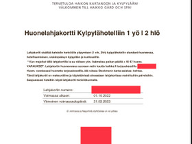 Huonelahjakortti Haikon Kartanon Kylpylähotelliin, Matkat, risteilyt ja lentoliput, Matkat ja liput, Tampere, Tori.fi Huonelahjakortti Haikon Kartanon Kylpylähotelliin, Matkat, risteilyt ja lentoliput, Matkat ja liput, Tampere, Tori.fi
