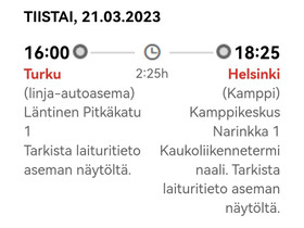 Turku-Hki ti 21.3. klo 16:00 lähtö Onnibus, Matkat, risteilyt ja lentoliput, Matkat ja liput, Helsinki, Tori.fi
