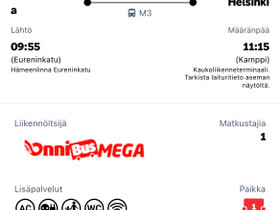 Onnibus lippu 21.3. klo 9.55 Hämeenlinna Helsinki, Matkat, risteilyt ja lentoliput, Matkat ja liput, Hämeenlinna, Tori.fi Onnibus lippu 21.3. klo 9.55 Hämeenlinna Helsinki, Matkat, risteilyt ja lentoliput, Matkat ja liput, Hämeenlinna, Tori.fi