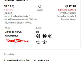 ONNIBUS HKI-KVL to 23.3. klo 10:10 bussilippu, Matkat, risteilyt ja lentoliput, Matkat ja liput, Helsinki, Tori.fi ONNIBUS HKI-KVL to 23.3. klo 10:10 bussilippu, Matkat, risteilyt ja lentoliput, Matkat ja liput, Helsinki, Tori.fi