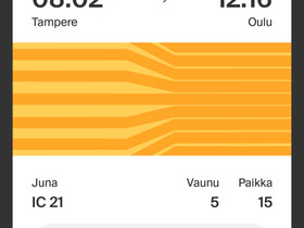 Junalippu Tampere-Oulu la 25.3. aamu, Matkat, risteilyt ja lentoliput, Matkat ja liput, Tampere, Tori.fi Junalippu Tampere-Oulu la 25.3. aamu, Matkat, risteilyt ja lentoliput, Matkat ja liput, Tampere, Tori.fi
