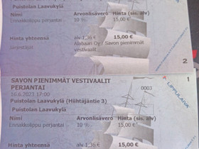 Savon Pienimmät vestivaalit lippuja 2kpl, Keikat, konsertit ja tapahtumat, Matkat ja liput, Mikkeli, Tori.fi Savon Pienimmät vestivaalit lippuja 2kpl, Keikat, konsertit ja tapahtumat, Matkat ja liput, Mikkeli, Tori.fi