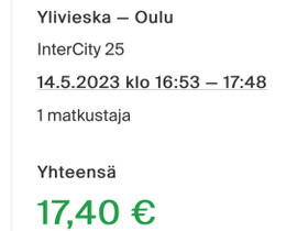 Vr junalippu 14.5. Ylivieska-Oulu, Matkat, risteilyt ja lentoliput, Matkat ja liput, Oulu, Tori.fi Vr junalippu 14.5. Ylivieska-Oulu, Matkat, risteilyt ja lentoliput, Matkat ja liput, Oulu, Tori.fi