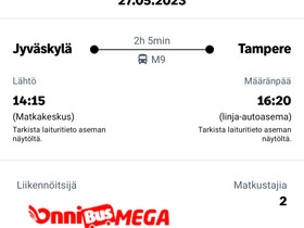 Onnibus matkaliput kahdelle, Matkat, risteilyt ja lentoliput, Matkat ja liput, Jyväskylä, Tori.fi