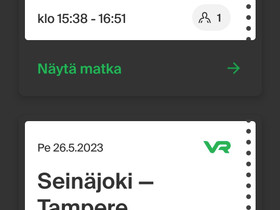 26.5. Seinäjoki-Tampere junaliput, Matkat, risteilyt ja lentoliput, Matkat ja liput, Vaasa, Tori.fi 26.5. Seinäjoki-Tampere junaliput, Matkat, risteilyt ja lentoliput, Matkat ja liput, Vaasa, Tori.fi