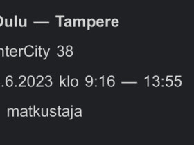 Oulu - Tampere junalippu, Matkat, risteilyt ja lentoliput, Matkat ja liput, Oulu, Tori.fi Oulu - Tampere junalippu, Matkat, risteilyt ja lentoliput, Matkat ja liput, Oulu, Tori.fi