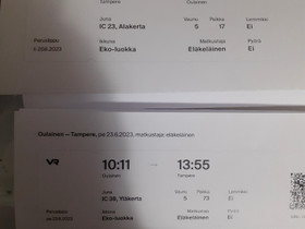 JUNALIPUT TAMPERE-OULAINEN meno 20.6 ja paluu 23.6, Matkat, risteilyt ja lentoliput, Matkat ja liput, Tampere, Tori.fi JUNALIPUT TAMPERE-OULAINEN meno 20.6 ja paluu 23.6, Matkat, risteilyt ja lentoliput, Matkat ja liput, Tampere, Tori.fi
