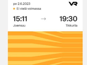Junalippu 2.6. joensuu-tikkurila klo 15.11, Matkat, risteilyt ja lentoliput, Matkat ja liput, Vantaa, Tori.fi