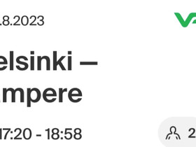 VR junalippu HKI-TRE la 5.8, Matkat, risteilyt ja lentoliput, Matkat ja liput, Tampere, Tori.fi VR junalippu HKI-TRE la 5.8, Matkat, risteilyt ja lentoliput, Matkat ja liput, Tampere, Tori.fi