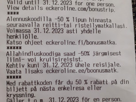 Laivamatkan (Eckerö line) alekoodi -50 %, Matkat, risteilyt ja lentoliput, Matkat ja liput, Salo, Tori.fi