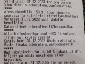 Laivamatkan (Eckerö line) alekoodi -50 %, Matkat, risteilyt ja lentoliput, Matkat ja liput, Salo, Tori.fi Laivamatkan (Eckerö line) alekoodi -50 %, Matkat, risteilyt ja lentoliput, Matkat ja liput, Salo, Tori.fi