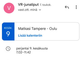 Junalippu TRE-OULU pe 9.6, Matkat, risteilyt ja lentoliput, Matkat ja liput, Tampere, Tori.fi Junalippu TRE-OULU pe 9.6, Matkat, risteilyt ja lentoliput, Matkat ja liput, Tampere, Tori.fi