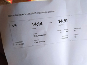 VR junalippu kitee-joensuu 10.6., Matkat, risteilyt ja lentoliput, Matkat ja liput, Lieksa, Tori.fi VR junalippu kitee-joensuu 10.6., Matkat, risteilyt ja lentoliput, Matkat ja liput, Lieksa, Tori.fi