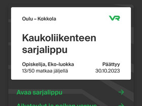 VR sarjalippuja Oulu-Kokkola välille, Matkat, risteilyt ja lentoliput, Matkat ja liput, Kokkola, Tori.fi
