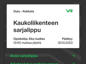 VR sarjalippuja Oulu-Kokkola välille, Matkat, risteilyt ja lentoliput, Matkat ja liput, Kokkola, Tori.fi VR sarjalippuja Oulu-Kokkola välille, Matkat, risteilyt ja lentoliput, Matkat ja liput, Kokkola, Tori.fi
