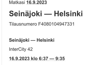 Junalippu SEINÄJOKI - HELSINKI 16.9, Matkat, risteilyt ja lentoliput, Matkat ja liput, Seinäjoki, Tori.fi
