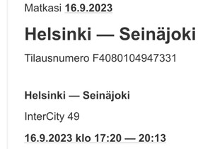 Junalippu HELSINKI - SEINÄJOKI 16.9, Matkat, risteilyt ja lentoliput, Matkat ja liput, Seinäjoki, Tori.fi